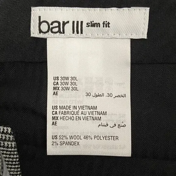 Bar III Suit Separates Men's 30x30 Dress Pants Slim Fit Black/White Plaid NEW